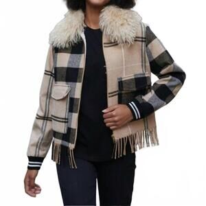 NEW VILAGALLO plaid zip bomber jacket in camel check fringe